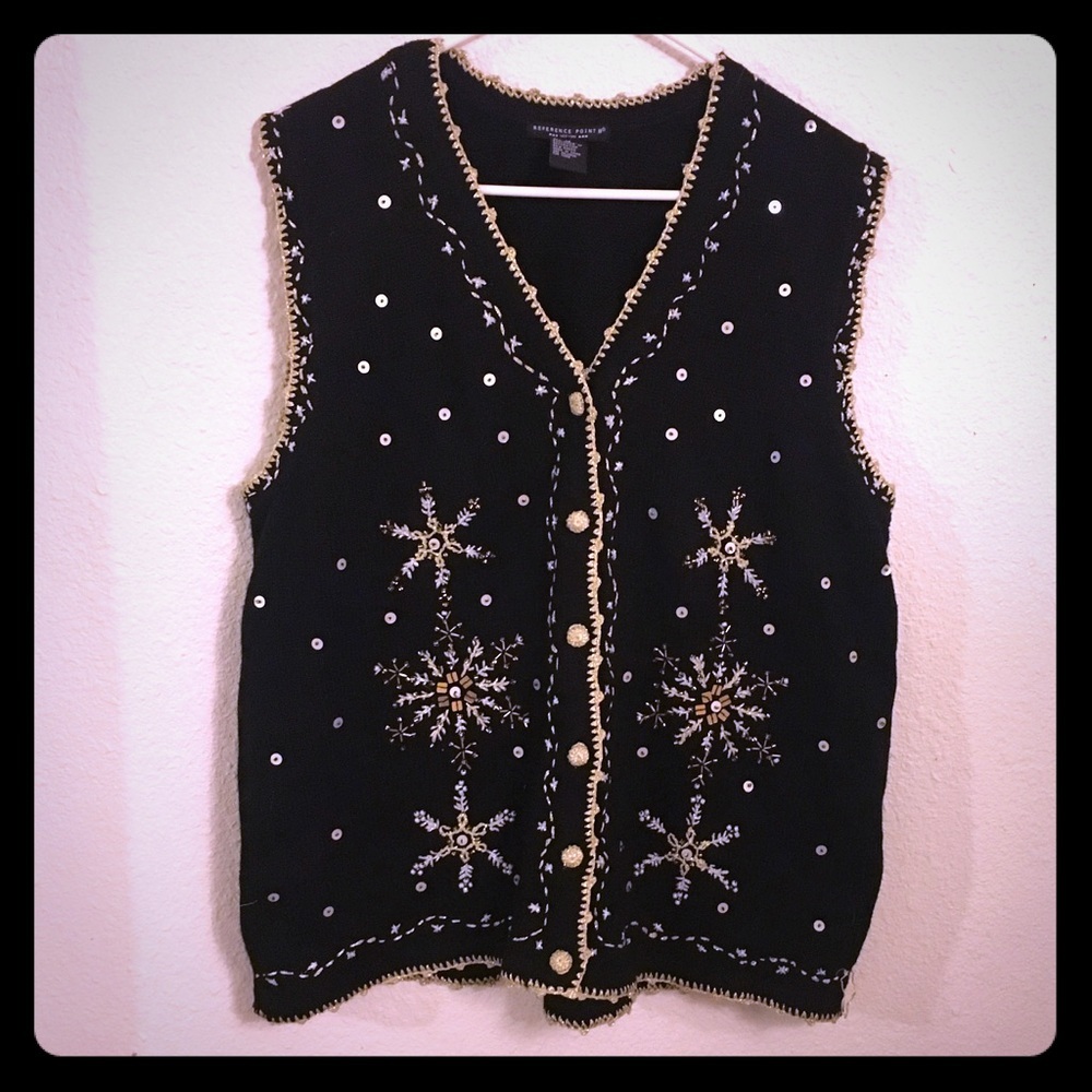 Reference Point II Snowflake Sweater Vest 1X Black Beaded Holiday Vest - Picture 2 of 5